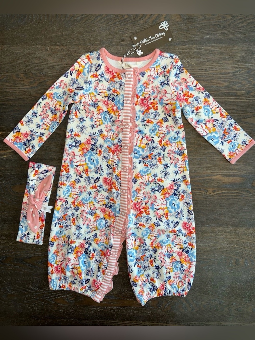 Matilda Jane Floral Convertible Romper size 6-12m and Matching Headwrap Bow